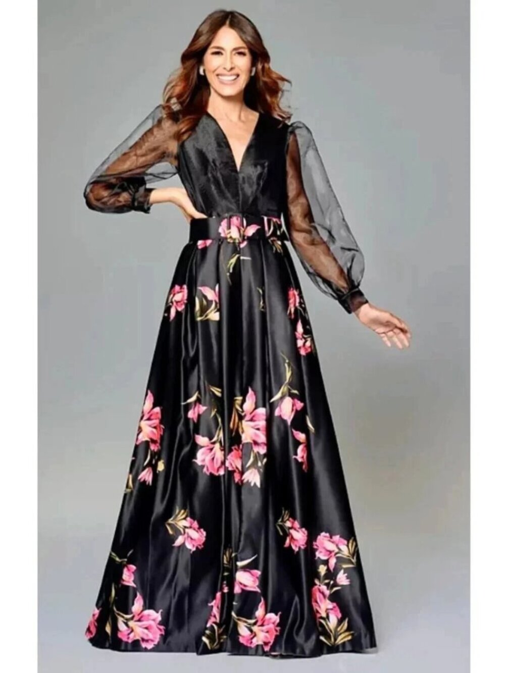 Betsy & Adam Black Floral Organza Belted Long Sleeve Gown
